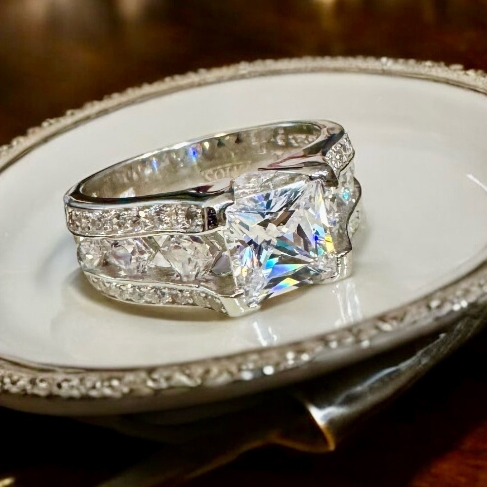 Diamond White Princess Cut Cubic Zirconia Pave Sterling Silver Ring (8)